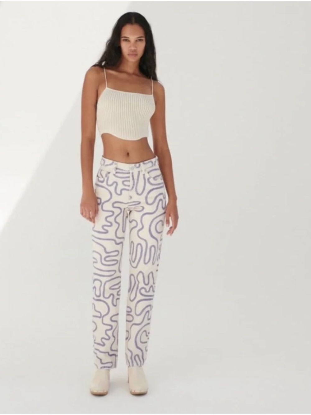 ZARA Statement Printed Jeans • Ecru/Purple Abstract Squiggly Denim • NWT 14